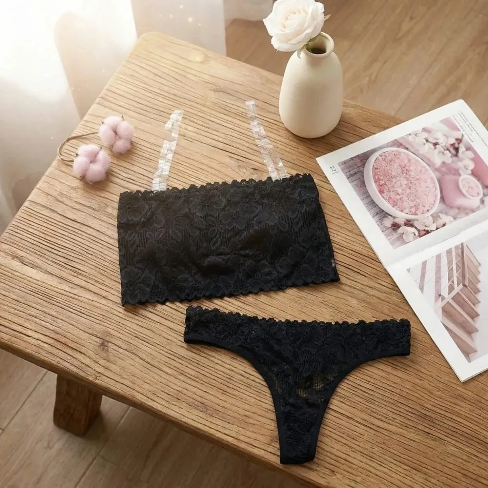 Lace Sheer Flower Thong Bra Set Invisible Straps Embroidery Floral Panties Bra Kit Transparent Lingerie Underwear for Women
