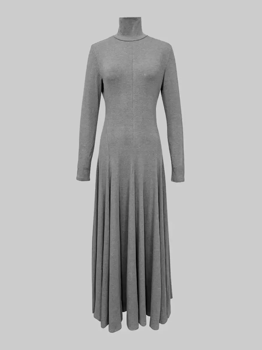 Freeacy Women's Grey Knit Maxi Dress Turtleneck Long Sleeve with Fitted Bodice and Flared Mermaid Skirt Elegant Party Dresses