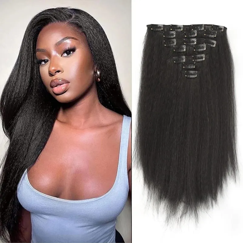 7Pcs Clip in Hair Extensions Wig Synthetic Black Yaki Straight Hair Extensions with BB Clip Fluffy Hairpiece for Women Daily Use