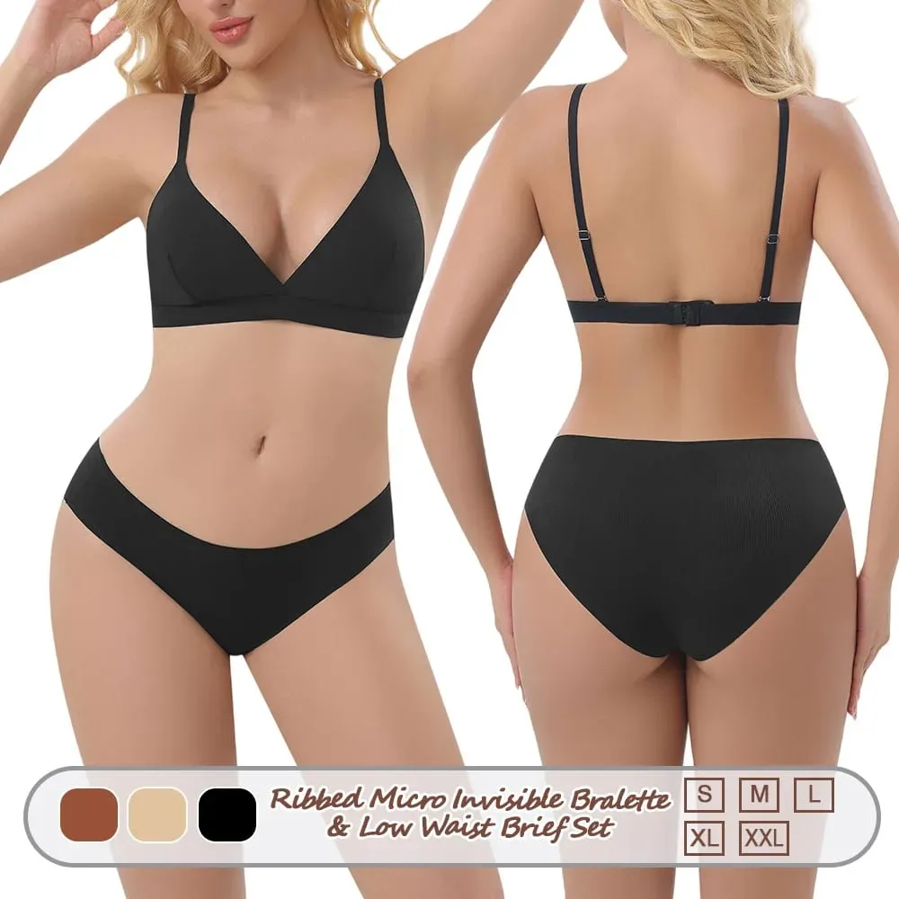Reggiseno senza montatura senza cuciture da donna a costine con coppa a triangolo e slip intimo Set intimo da donna Set lingerie sexy