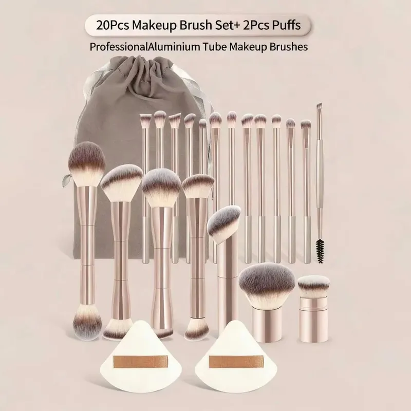 22-piece professional makeup tool set including a velvet storage bag 20 soft long aluminum tube brushes + 2 powder puff