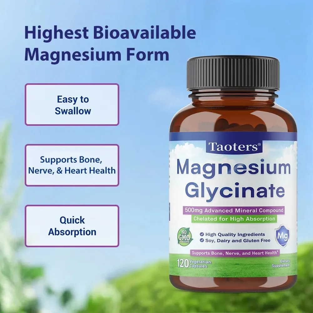 Magnesium Glycinate Capsules 500 Mg of Mineral Chelate To Enhance Absorption and Support Bone Nerve and Heart Health