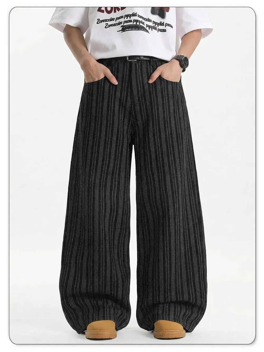 Men's Retro Vertical Stripe Jacquard Baggy Wide Leg Jeans Washed Denim Trousers Y2K Skater Hip Hop Streetwear Daily Casual