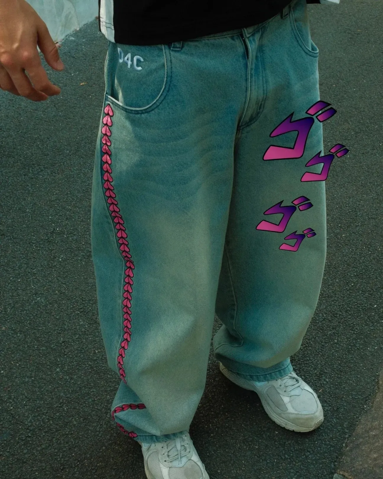 Y2K Men D4C JoJo High Waist Baggy Jeans Women Pink Heart Side Embroidery Loose Fit Washed Denim Pants Streetwear Wide Leg Pants