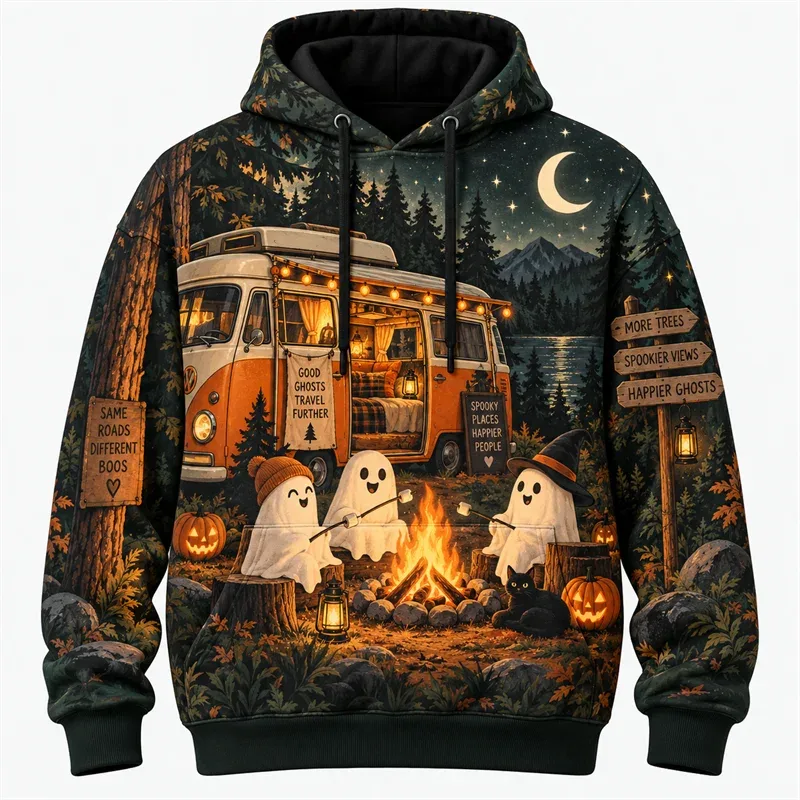 Halloween Hoodie 2026 Retro Graphic Pullover Haunted Adventure Gothic Night Streetwear Pumpkin Ghost Skeleton Moon Forest Unisex