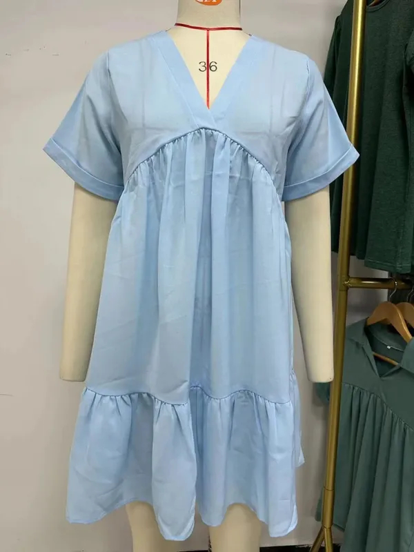 Summer White Dress V Neck Short Sleeve Loose Fit Dresses Pleated Midi A Line Pastel Pink Women's Casual Summer Woman Clothing