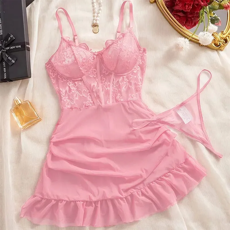 Hot Sexy Lace Splicing Dress Wanita Lingerie See Through Nightdress Solid Slim Leher V Leher Korset Push Up Bra Seluar Dalam Set Thong