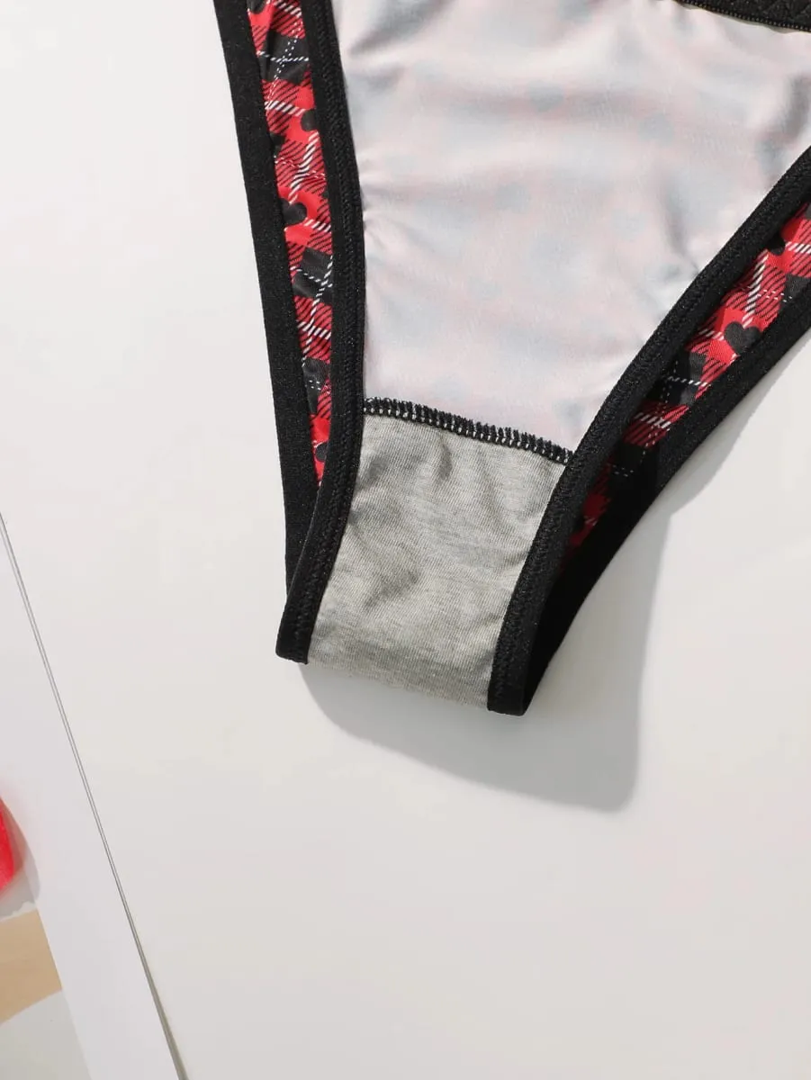 Women Plaid Heart Print Lingerie Set Lace Spaghetti Strap Bra And Panty Set Soft Comfortable Ladies Intimate Sleep Underwear Set