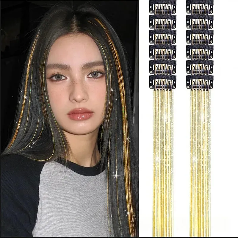 12pcs Per Pack of BB Hair Clips Shiny Metallic Hair Extensions with Clips Synthetic Hair Sparkling Hair Accessories for Women