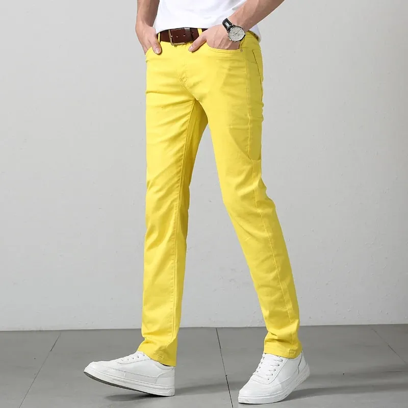Elastic Cotton Slim Jeans Men Spring Korean Fashion Comfortable Casual Straight Leg Business Denim Trousers Yellow Pink Red