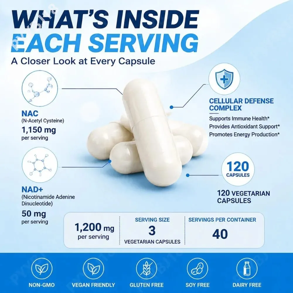 NAC 1150mg NAD+ 50mg Capsules Cellular Defense Complex for Antioxidant Support Immune Health & Energy Production Non‑GMO 120 Ct