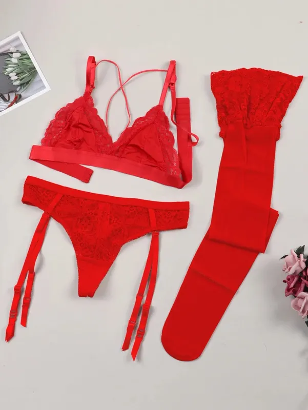 Varsbaby Women Lace Bra Set Non Padded Bra Panty Garter Stockings Summer Underwear Lingerie Sexy