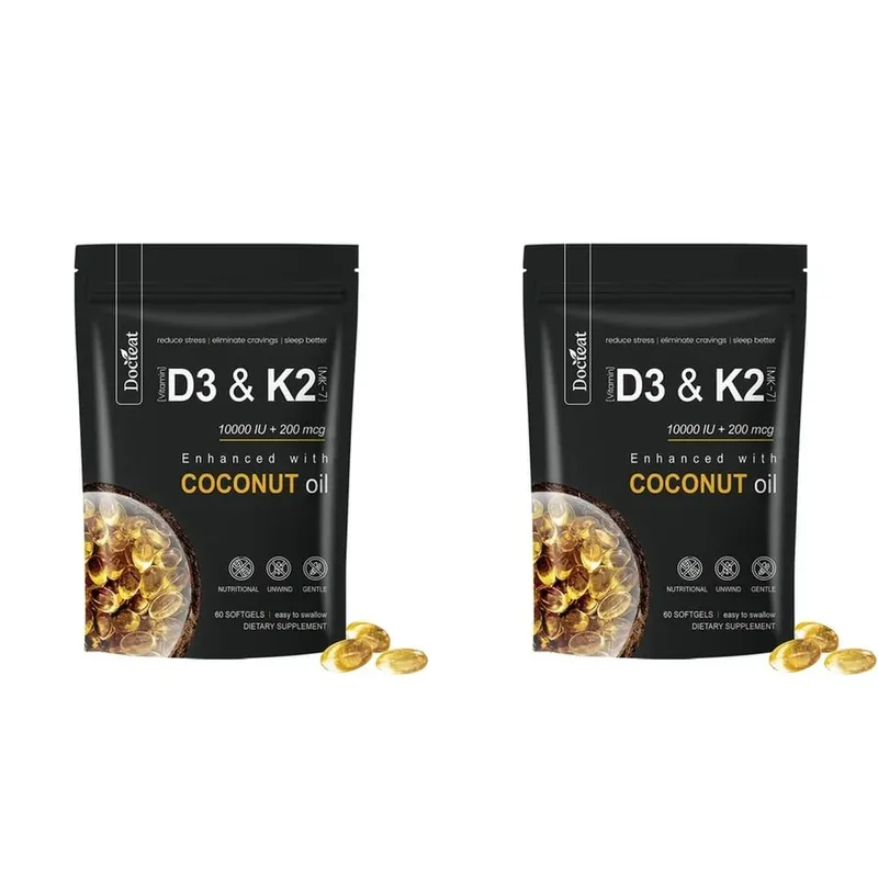 Docteat Vitamin D3 & K2 Softgels with Magnesium and Coconut Oil for Bone Nutrition Balance Immune System Balance - 60 Softgels