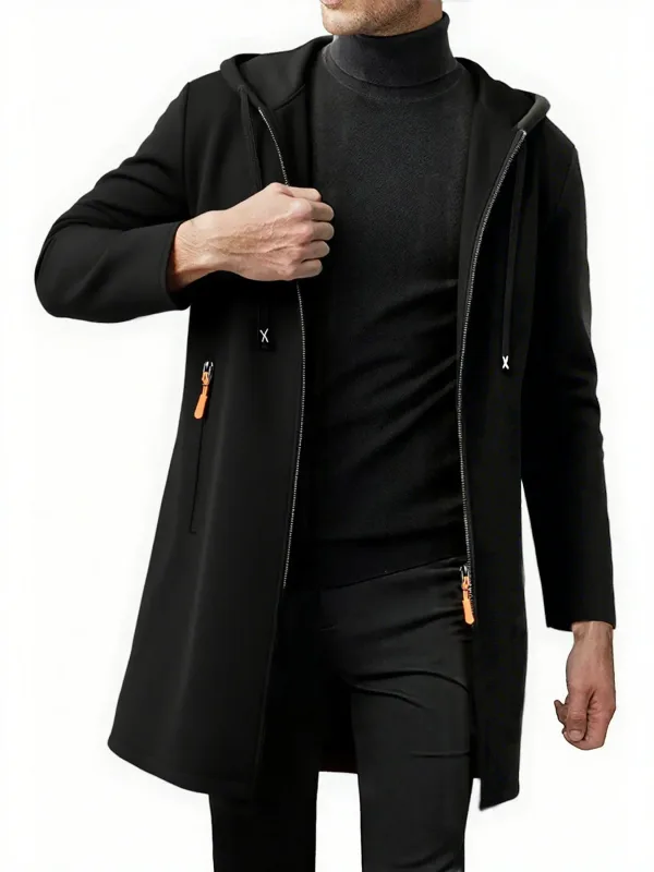 2Pcs Set Men Mid-Length Full Zip Hooded Jacket Fleece Lined Warm Coat with Drawstring Hood & Zipper Pockets Casual Outerwear for Fall Winter Daily Wear
