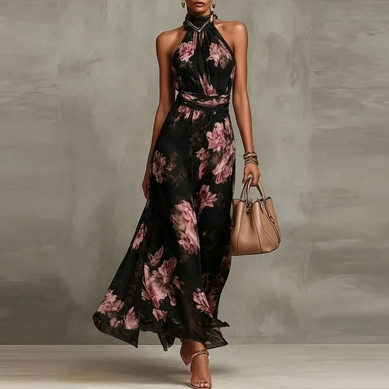 Elegant Halter Off Shoulder Hollow Party Dresses Woman Spring Floral Print Chiffon Long Dress Boho Sleeveless Summer Beach Dress