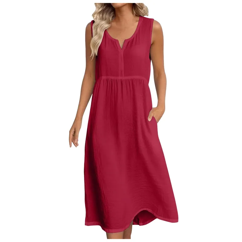 Womens Cotton Linen Midi Dresses Sleeveless Loose Comfy Beach Dress With Pockets Solid Color Casual Holiday Party Sundress