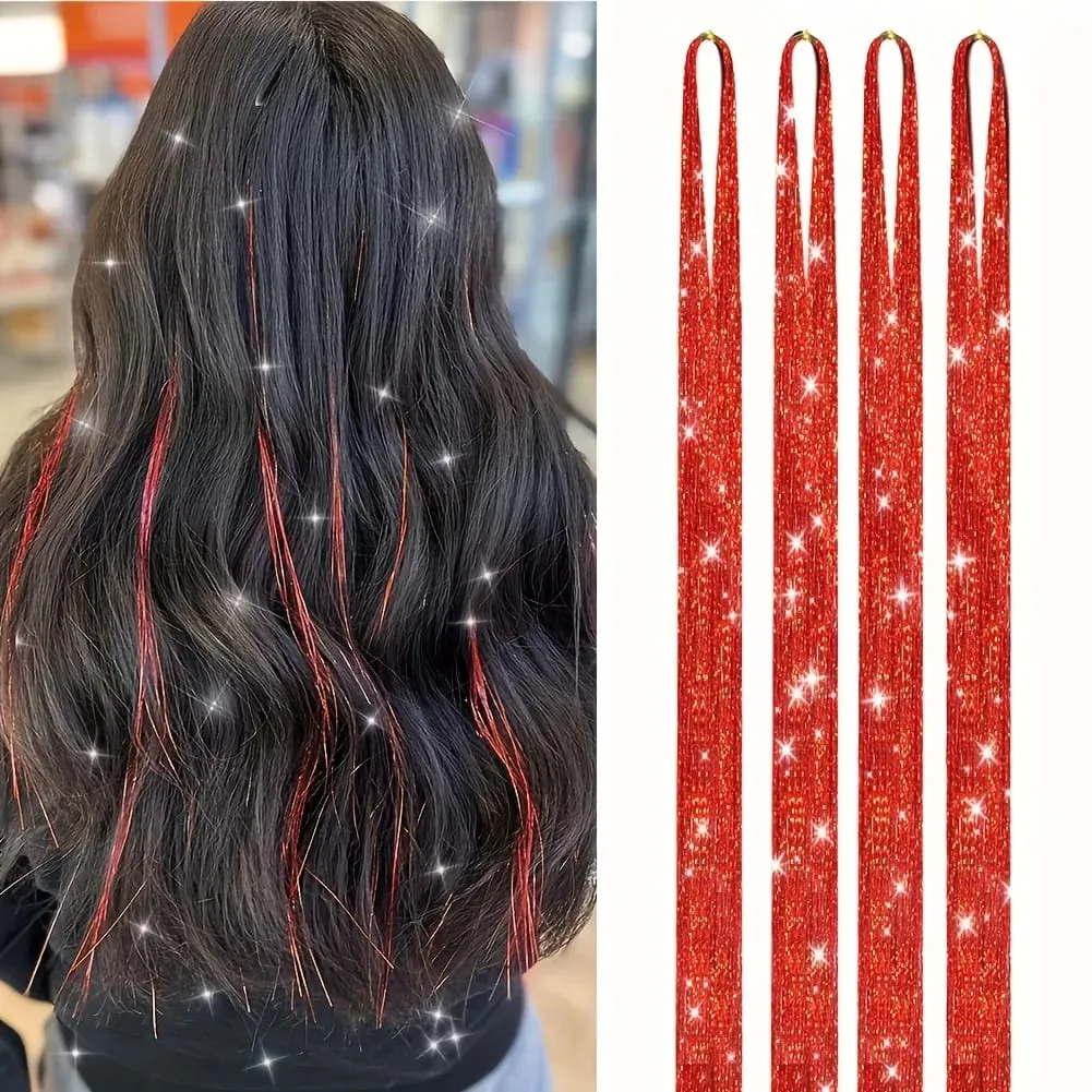 4 Packs 22inch Fairy Tinsel Hair Extensions Kit for Women Holographic Synthetic Hair Extension for Quick Hair Color Change