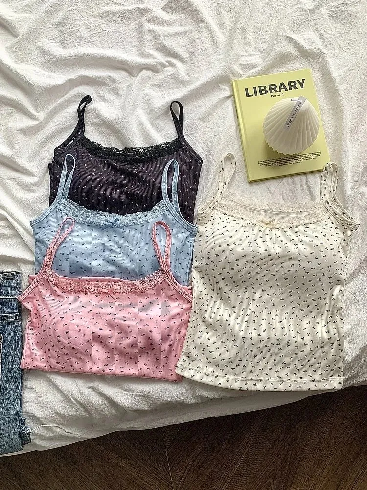 Elegant Lace Flower Print Slim Sexy Vest Floral Tops One Size Tank Spring Sweet Bowknot Style T-Shirt Casual Crop Top Summer