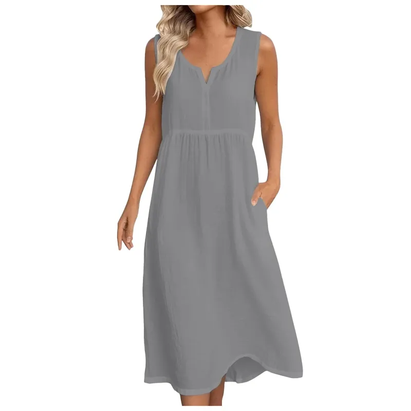 Womens Cotton Linen Midi Dresses Sleeveless Loose Comfy Beach Dress With Pockets Solid Color Casual Holiday Party Sundress