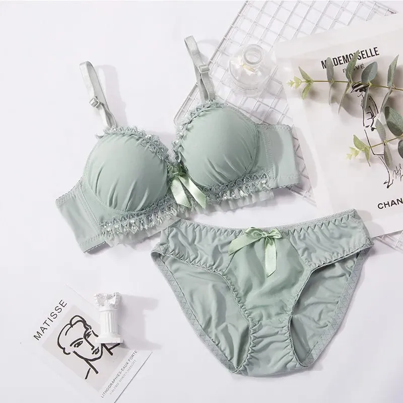 Women Lingerie Set Soft Memory Wire Ruffle Lace Bow Decor Intimate Underwear Suit No Pads Thin Breathable Adjustable Straps