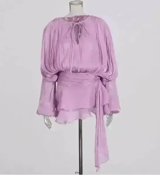 2026 New Summer Fashion Women Clothes Round Neck Lantern Sleeves Satin Short Dress With Shorts Under Two Pieces Set