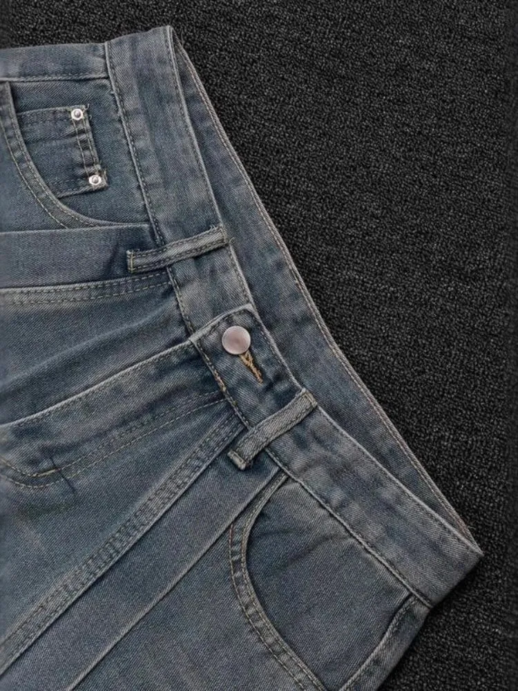 Calças de brim dos homens americano vintage streetwear azul escuro perna larga denim calças retalhos ponto contraste lavado solto ajuste retro moda