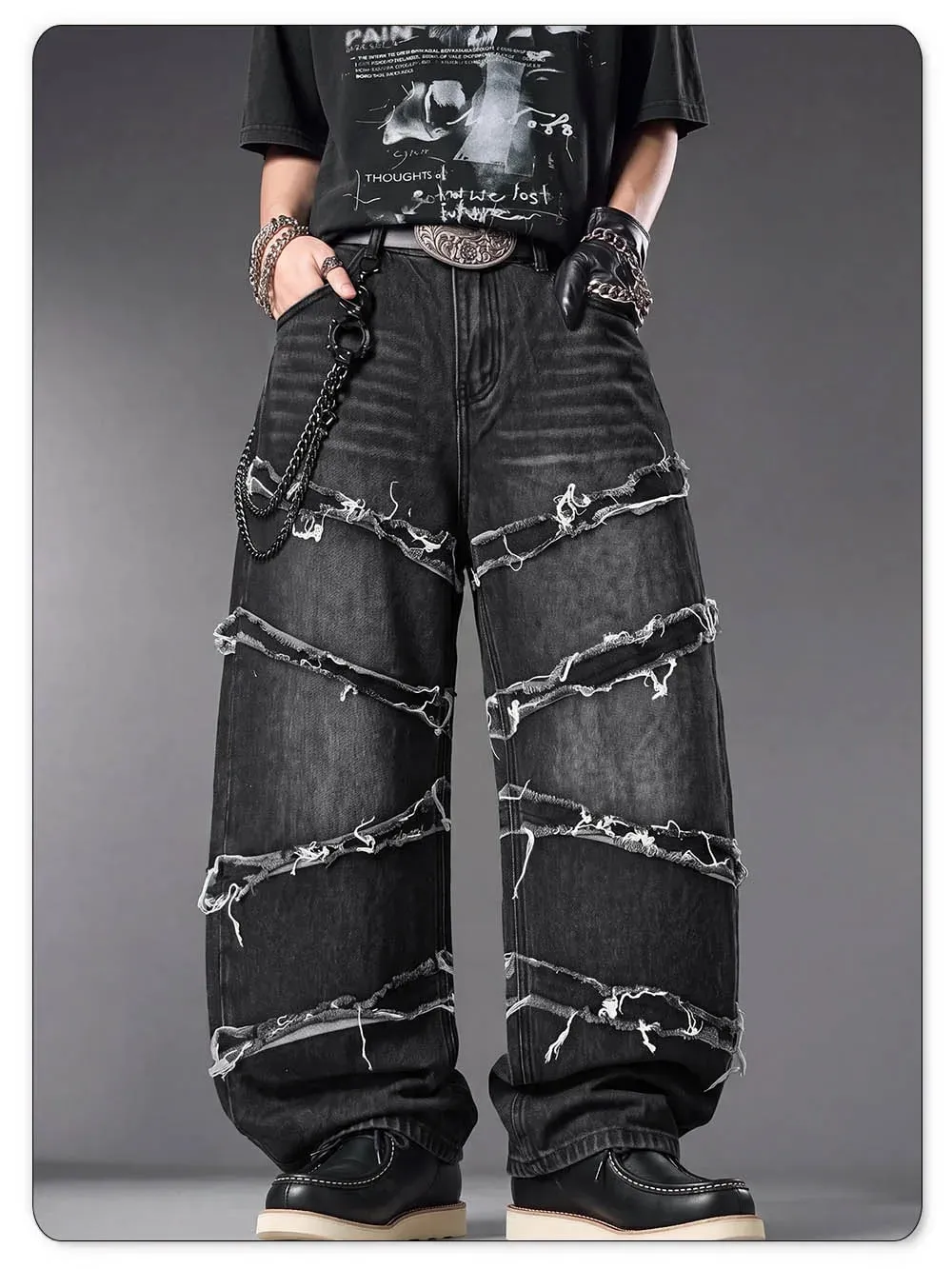 Men's Gothic Baggy Jeans Raw Frayed Edge Deconstructed Patchwork Wide Leg Denim Pants Y2K Punk Streetwear Trousers