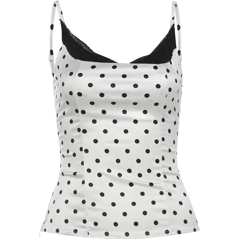 Weird Puss Sexy Lace Patchwork Camisole Women Trend Chic Polka Dot Print Square Collar Skinny Y2K Hottie Street Party Club Vest