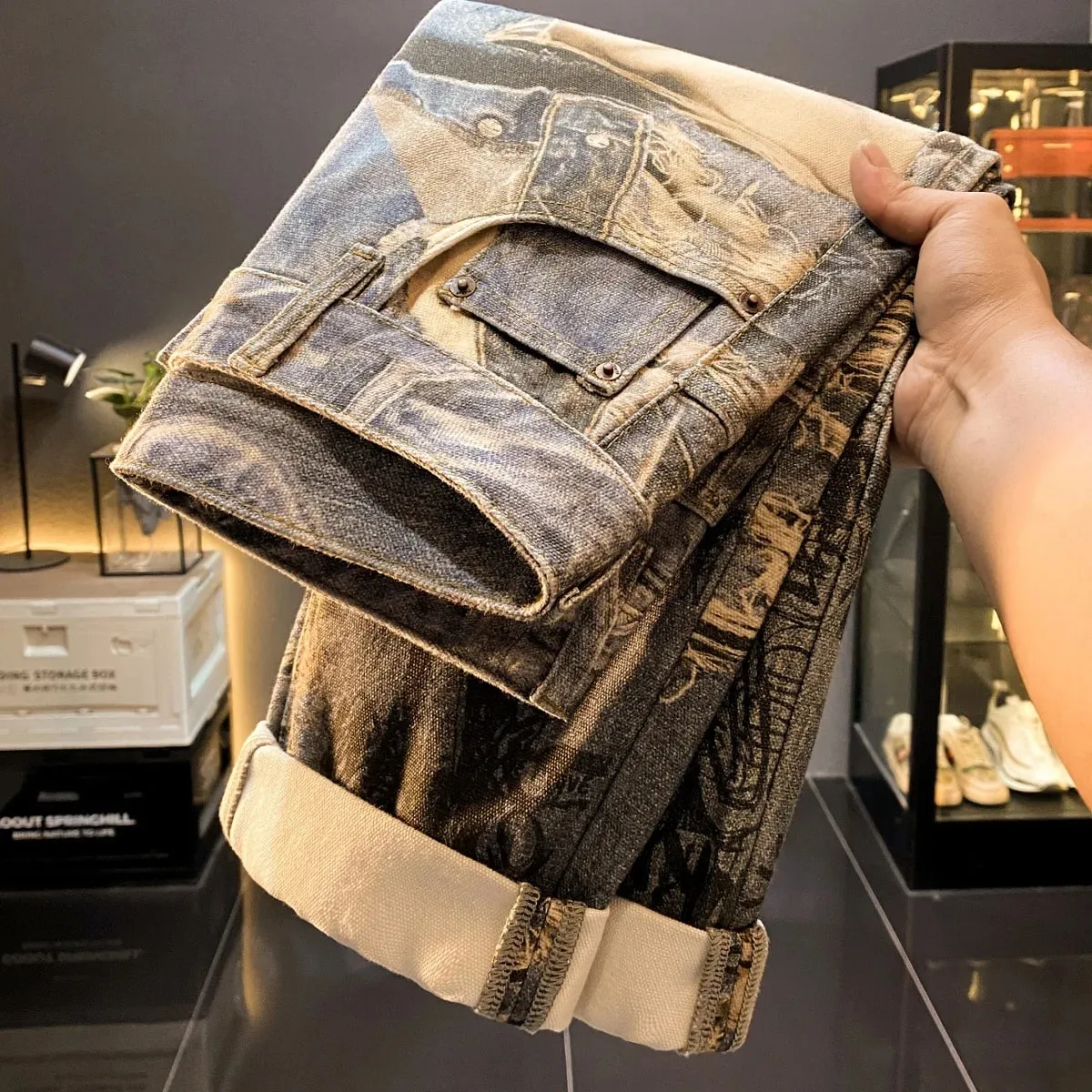 American high-end retro printed design jeans men's 2025 autumn new cool and loose straight leg long pants