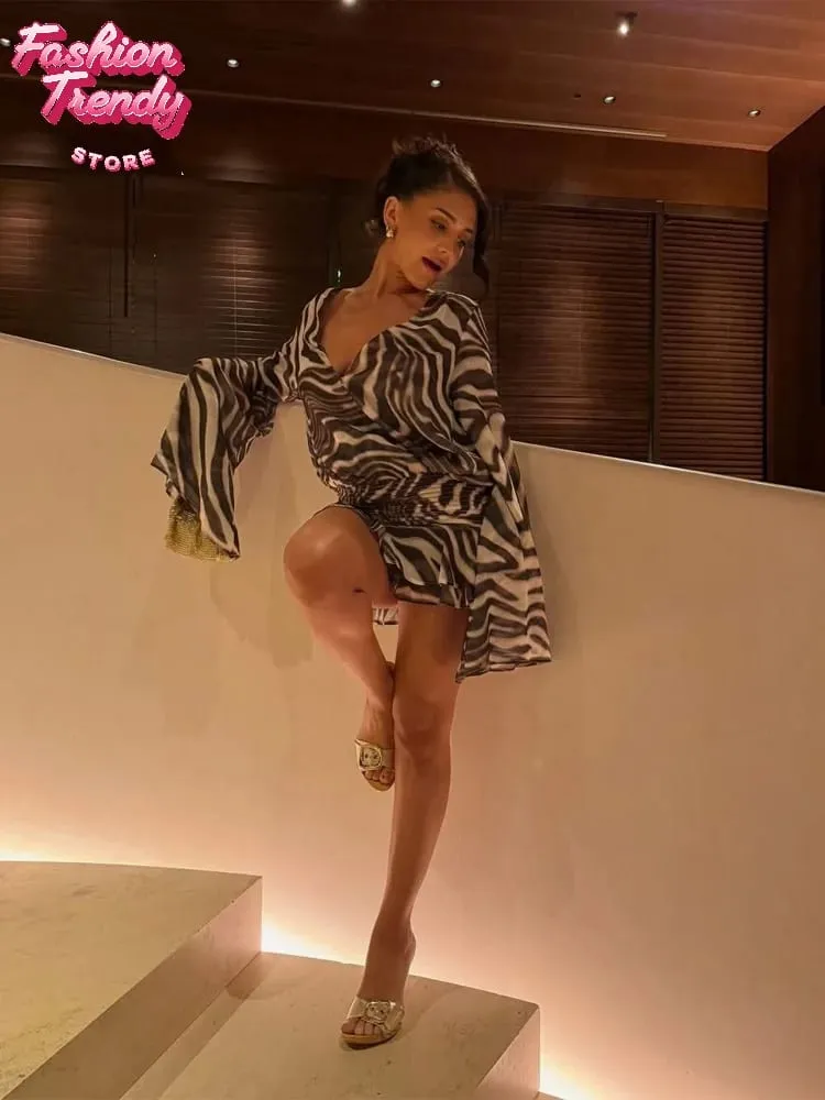 Chic Zebra Print Long Sleeve Women Dresses Sexy Deep V-neck Waist Pleats Loose Fit Dresses 2026 Lady Summer Party Club Vestidos