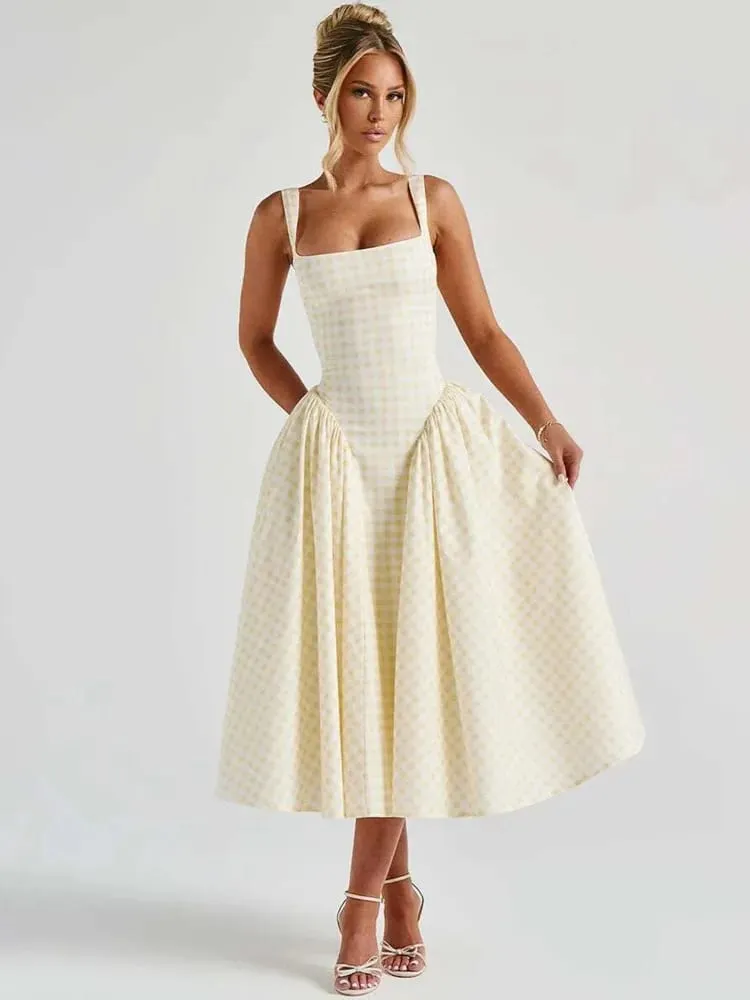 Plaid Printed Spaghetti Strap Sexy A-line Dress Women 2026 Elegant Summer Dress Backless Party Midi Dress Vestidos
