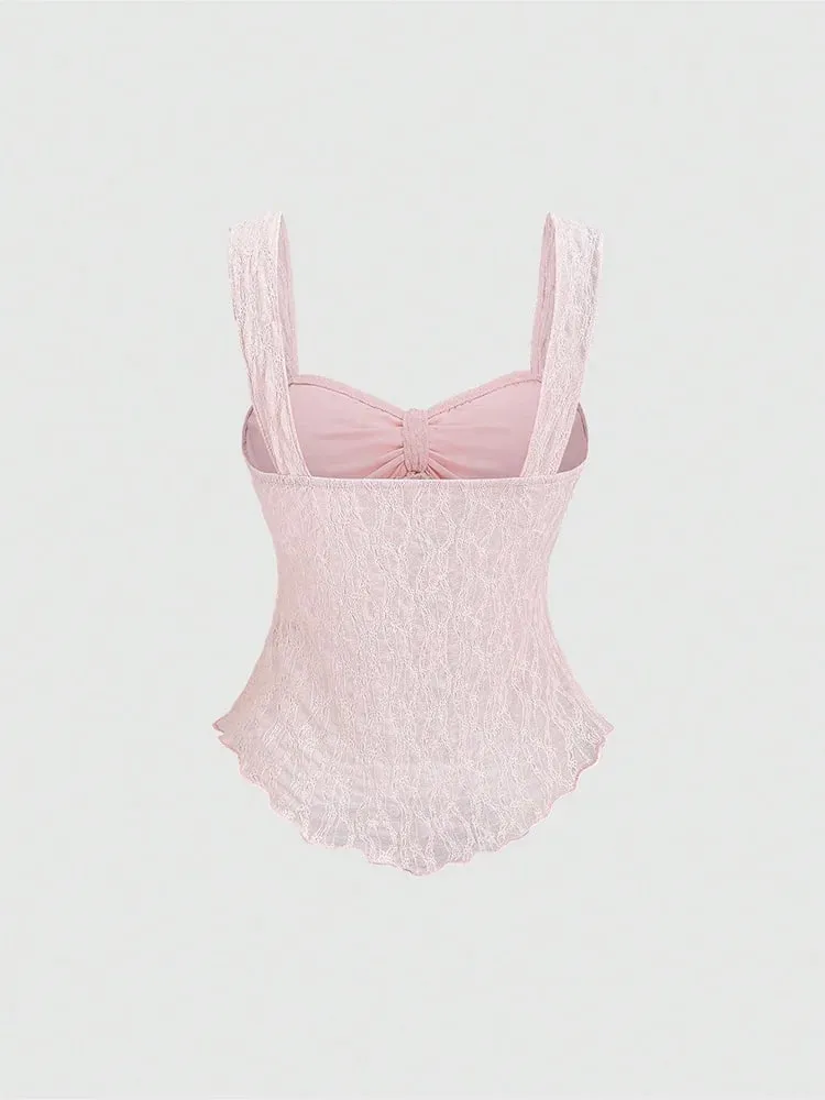 2026 Summer Women Y2K Coquette Floral Lace Knotted Bow Slim Fit Irregular Ruffled Hem Sweetheart Neck Wide Strap Cami Tank Top