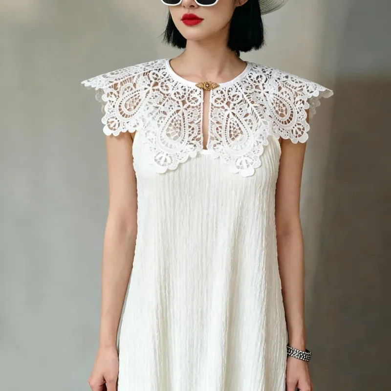 Pleated Sleeveless Elastic Long Dresses Women Vintage Palace Style Womens Black White Doll Fake Collar Soft Midi Dress Clothing