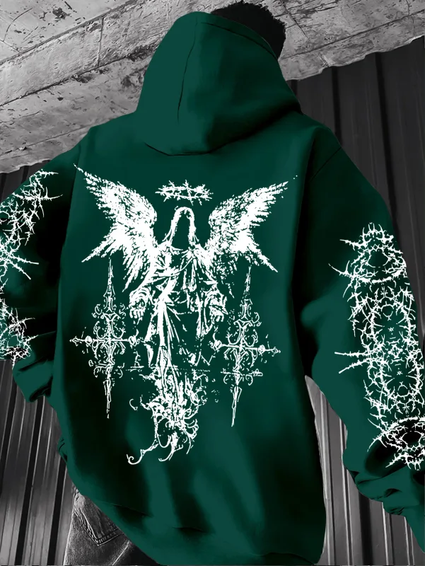 Men's Angel-themed graffiti thorn print streetwear hip-hop punk style hooded sweatshirt regular fit version sweatshirt hoodie — image 8