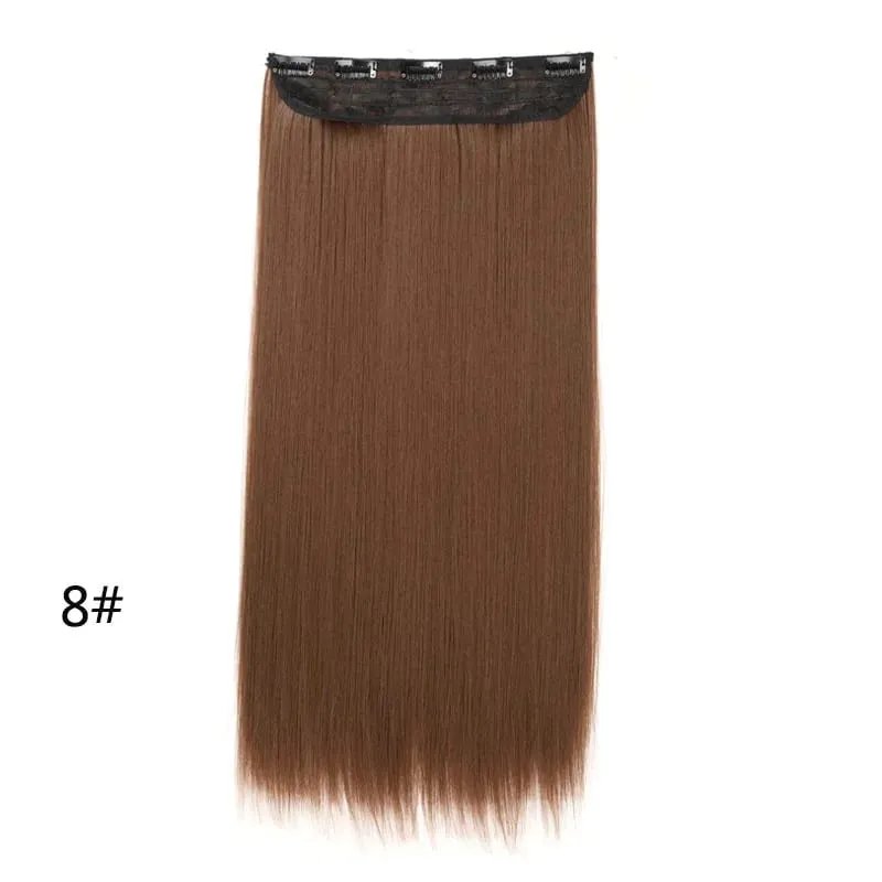 Grampo longo e reto sintético de 24 polegadas, extensão de cabelo de uma peça, 5 clipes, cabelo falso loiro, marrom, preto, resistente ao calor