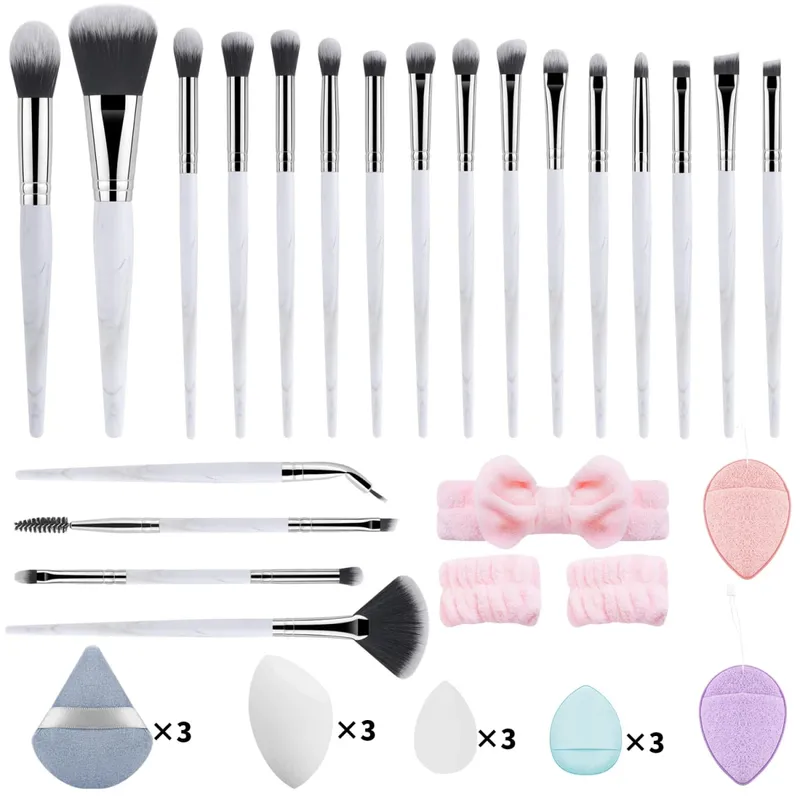 37Pcs Makeup Tool Kit 20Pcs Makeup Brushes With Hairband Wristband Powder Puff Facial Sponge