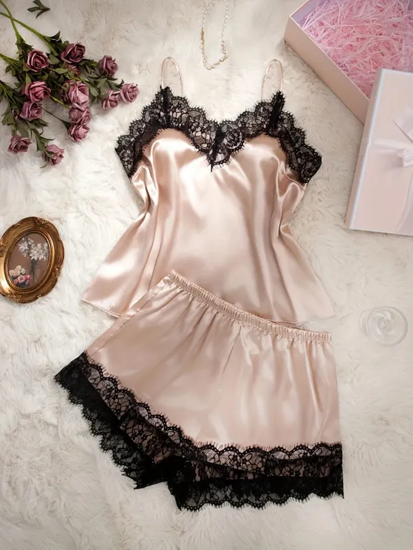 Pink Satin Bra And Panty Sets Silky-Soft Women's Underwear Elegant Loungewear Lace Bras And Pajama Set Spaghetti-Strap Lingerie
