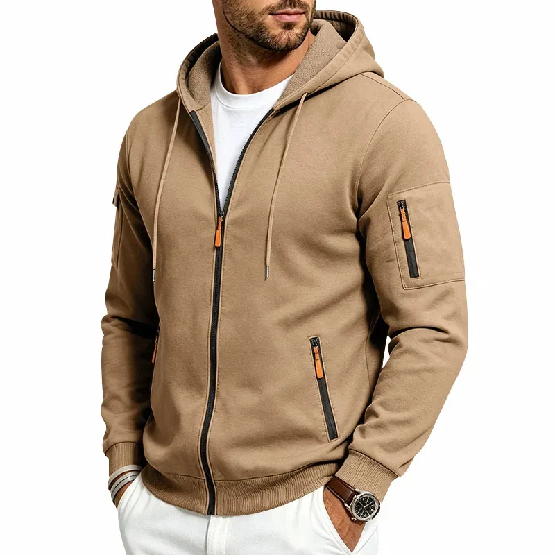 Men's Heavyweight Full Zip Hoodie Autumn Winter Casual Outdoor Hooded Sweatshirt Multi‑Pocket Drawstring Loose Fit Sports Jacket