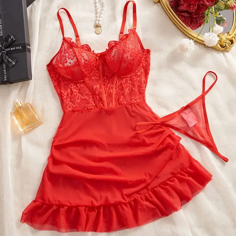 Hot Sexy Lace Splicing Dress Wanita Lingerie See Through Nightdress Solid Slim Leher V Leher Korset Push Up Bra Seluar Dalam Set Thong