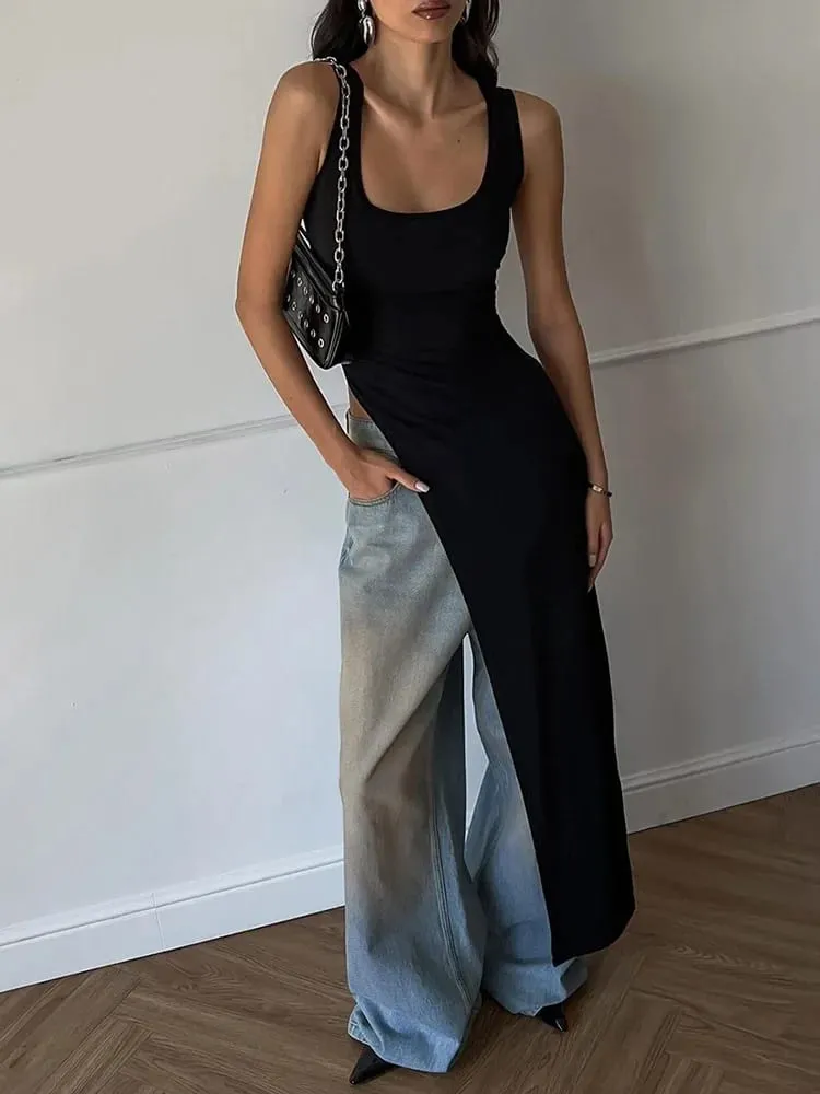 Sexet ærmeløs side, høj split midi-kjole, rygløs kvinders sommerfestklub Streetwear Y2K-stil ensfarvet