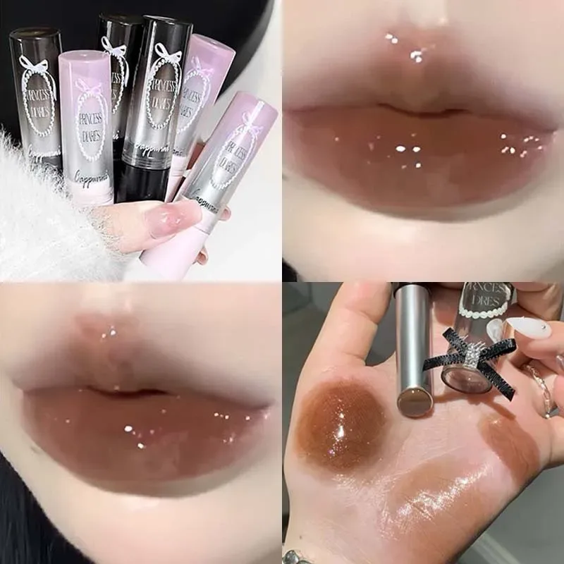 Pink Crystal Mirror Glass Solid Lip Gloss Round Tube Water Light Lipstick Clear Jelly Lip Glaze Nude Brown Moisturizing Lip Tint