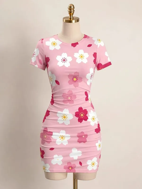 Γυναικείο κοντό μανίκι Μίνι φόρεμα Bodycon Slim Fit Crew Neck Floral print Casual καλοκαιρινό πάρτι Χαριτωμένο κομψό, απαλό Sundress για διακοπές