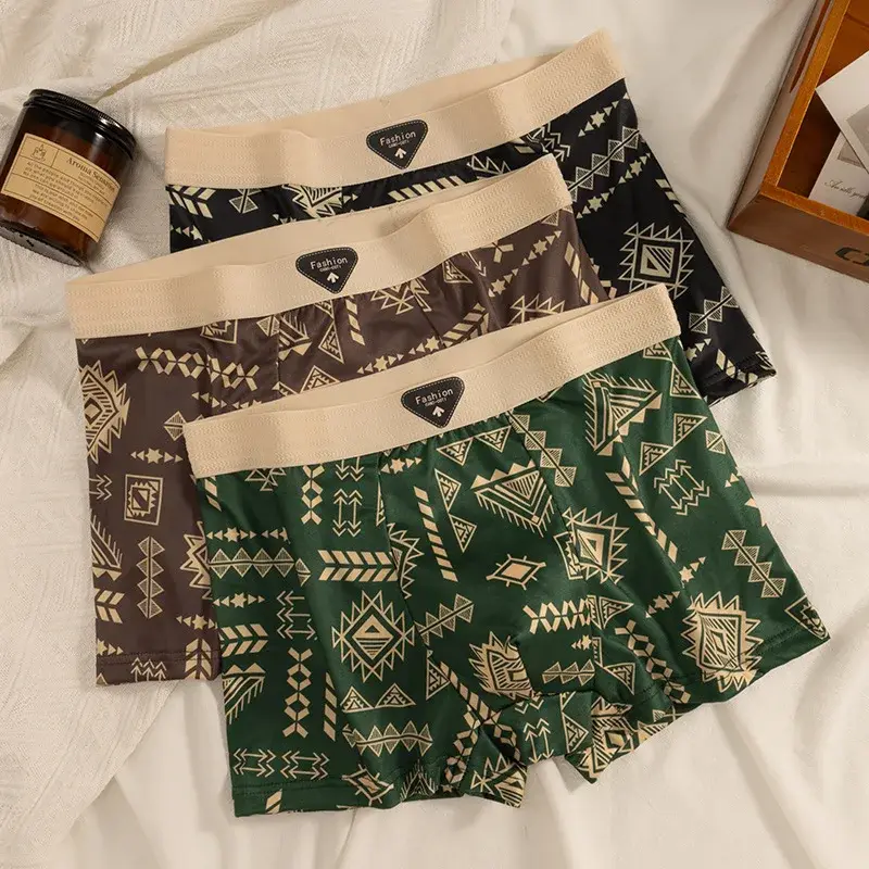 Erkek Boxer Retro Etnik Tarzı Rahat Pürüzsüz Kumaş Külot Vintage Baskı Elastik Iç Çamaşırı Erkek Iç Çamaşırı Düz ​​Külot