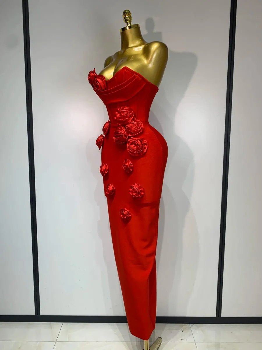 Nejnovější ženy 2025 Sexy šaty bez ramínek bez zad s červeným květem Midi bandážové šaty Celebirtní elegantní večerní narozeninové šaty do klubu