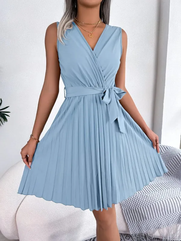 Women's Summer Casual Elegant Sleeveless Dress with Cross V-Neck Tie-Waist & Pleated Detail in Solid Color — image 5