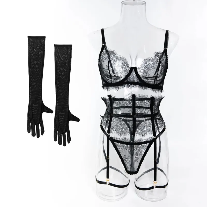 Sexy hot Lingеrie New Eyelash Lace 5-Piece Lingerie Set for Women with Underwire Bra Waistband Garter Belt Leg Rings Gloves