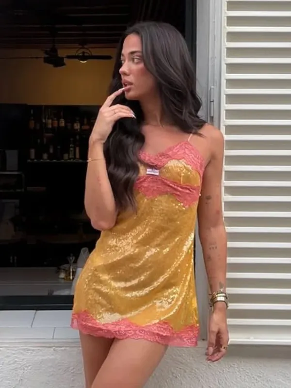 Sequined Lace Trim Slip Mini Dress Women Chic Spaghetti Strap Sleeveless High Waist Slim Short Dresses Lady Vacation Outfit New