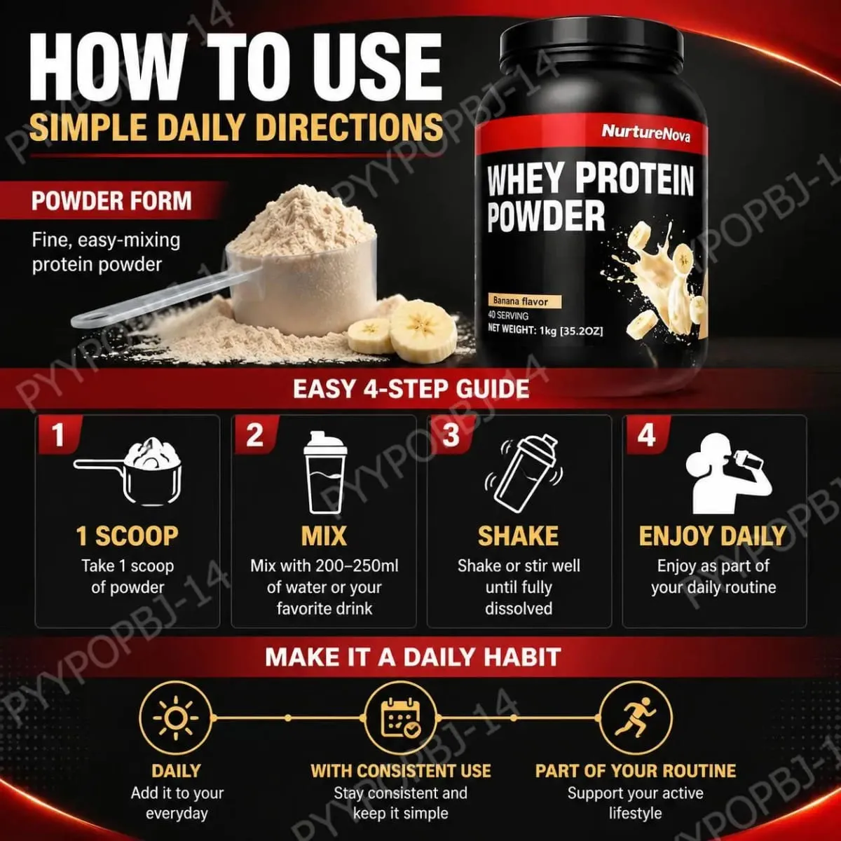 NurtureNova Whey Protein Powder with Taurine and Vitamins A D E C Zinc Banana Flavor 30 G Protein Per Serving 40 Servings