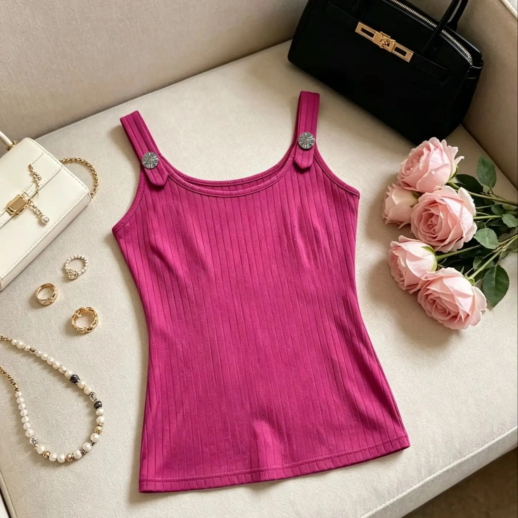 Women Pink Ribbed Tank Top Casual Metal Button Detail U Neck Form Fitting Sleeveless Cami Top
