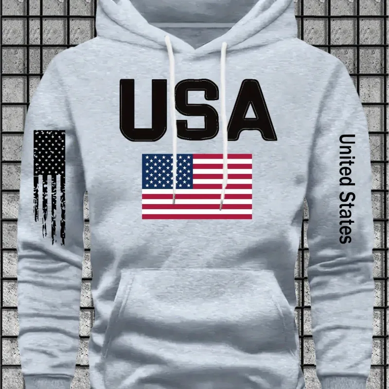Urban patriotic-themed men's hooded sweatshirt with USA lettered and flag graphics. Street fashion design, loose turtleneck top.